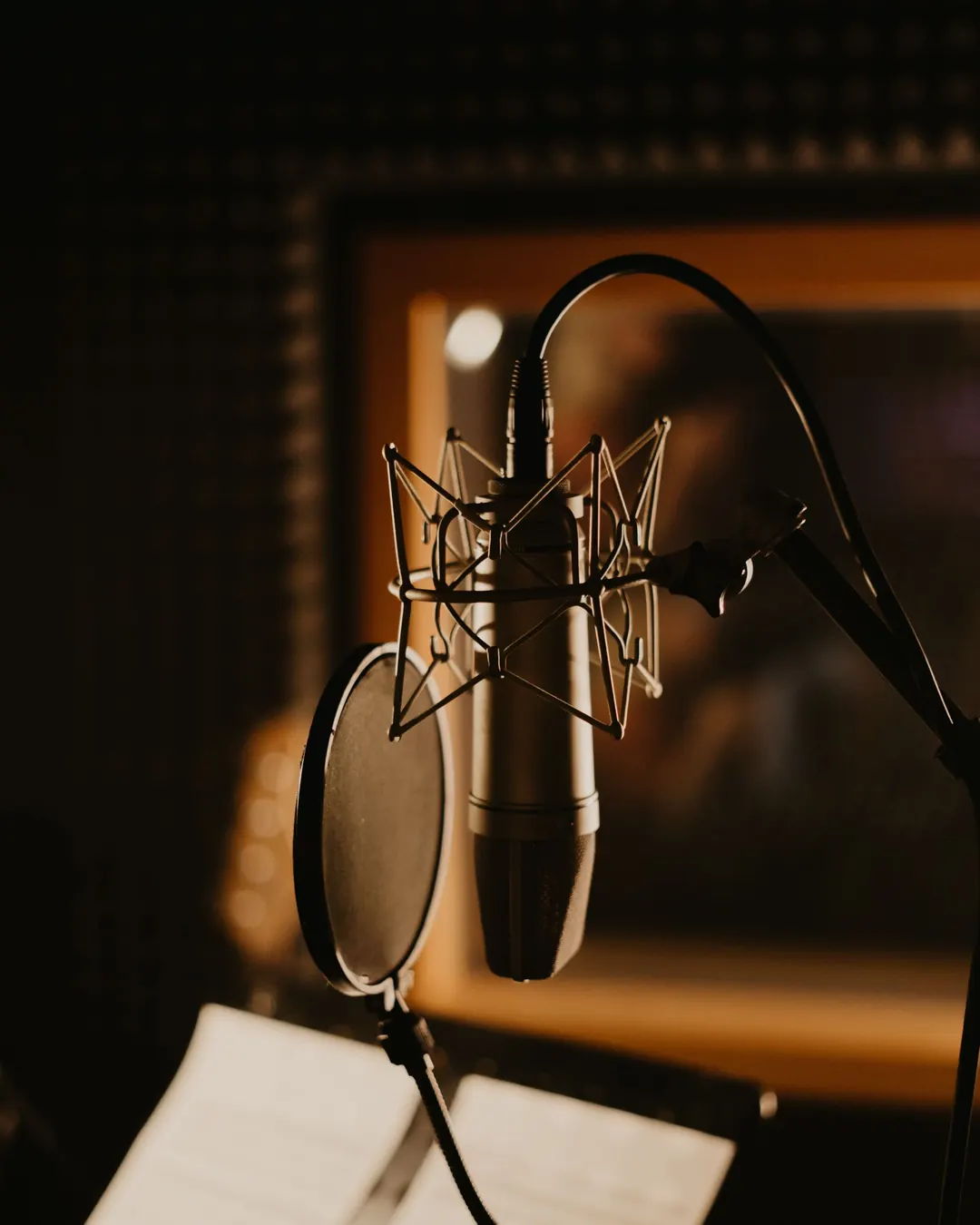 A studio microphone with a pop shield in a warm, dim recording booth